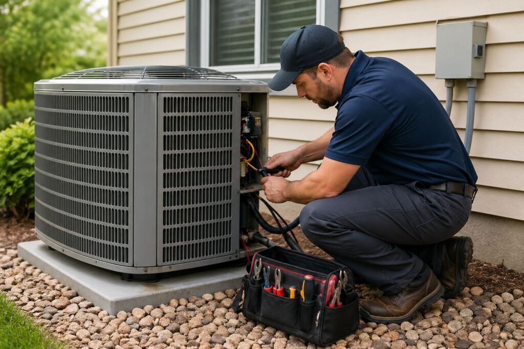 technician performing air conditioning repair service in Kansas City home