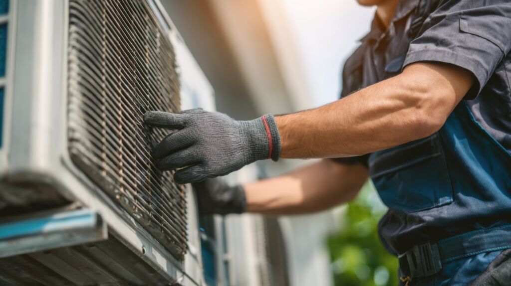 technician from Able Heating and Cooling servicing residential air conditioning system in Kansas City MO