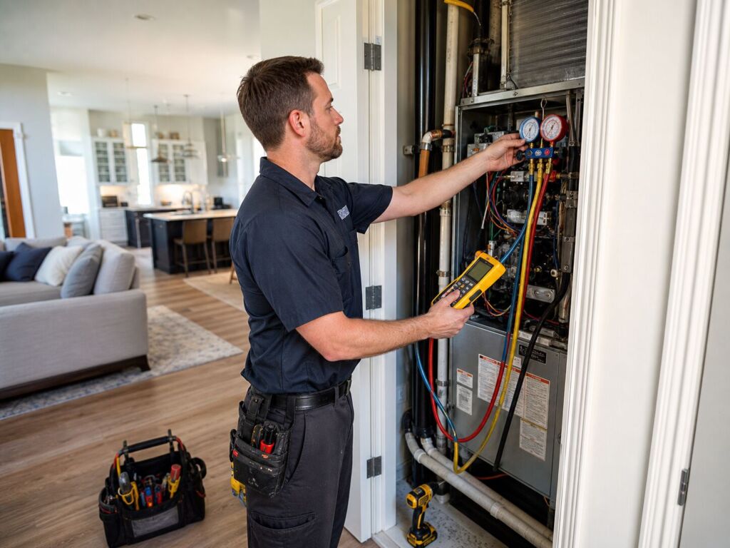 Technician providing fast AC repair service in a Kansas City home