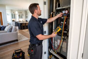 Technician providing fast AC repair service in a Kansas City home