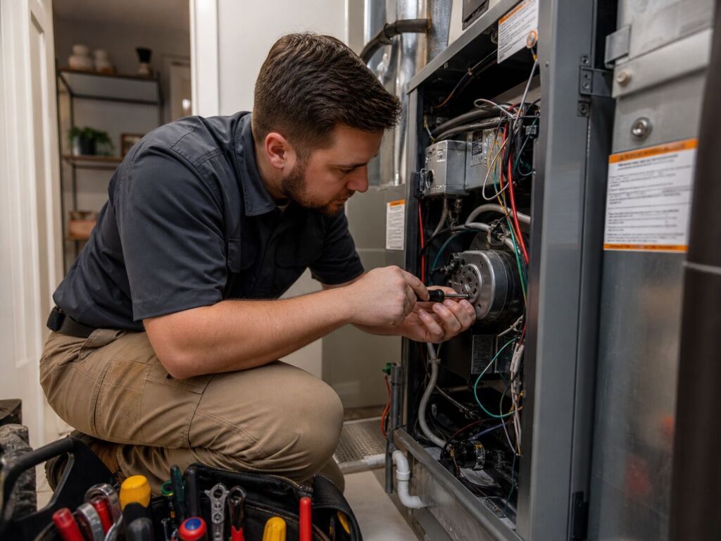 Trusted AC service company technician inspecting an air conditioner in a Kansas City home