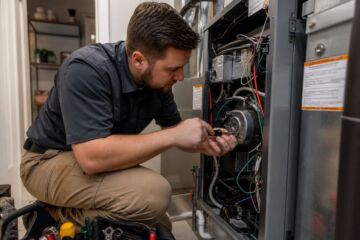 Trusted AC service company technician inspecting an air conditioner in a Kansas City home