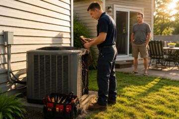 Able Heating and Cooling technician checking an outdoor AC unit during an emergency repair in Kansas City.