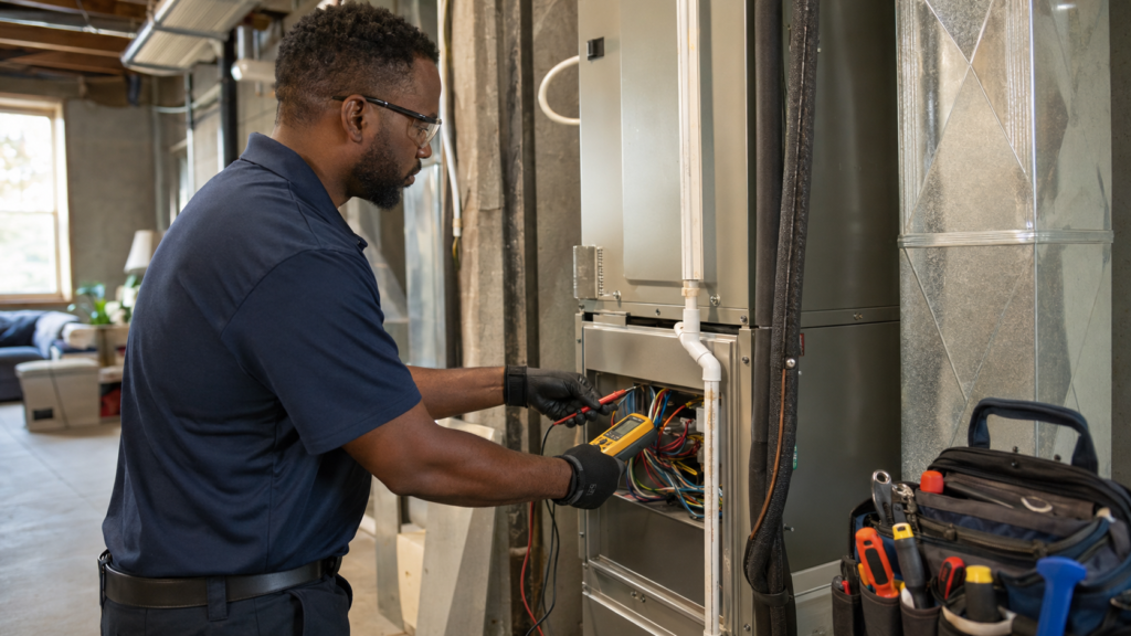 HVAC technician inspecting an indoor cooling system to help extend its operating lifespan.