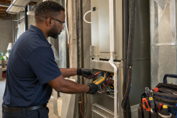 HVAC technician inspecting an indoor cooling system to help extend its operating lifespan.