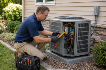HVAC technician performing annual air conditioning repair service preventive maintenance on an outdoor unit.
